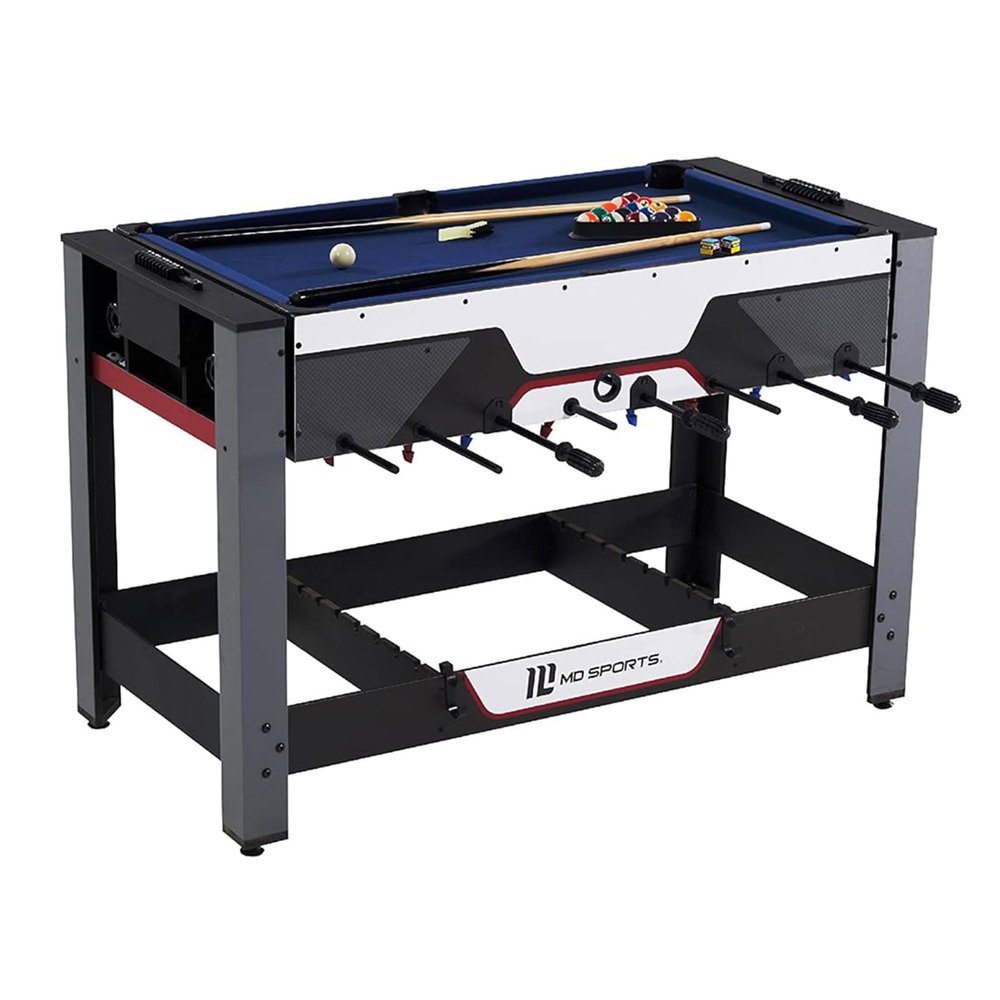 MD Sports 48 Inch 2 in 1 Swivel Combination Billiard and Foosball Game Table with Included Game Accessories,Black/Grey/White