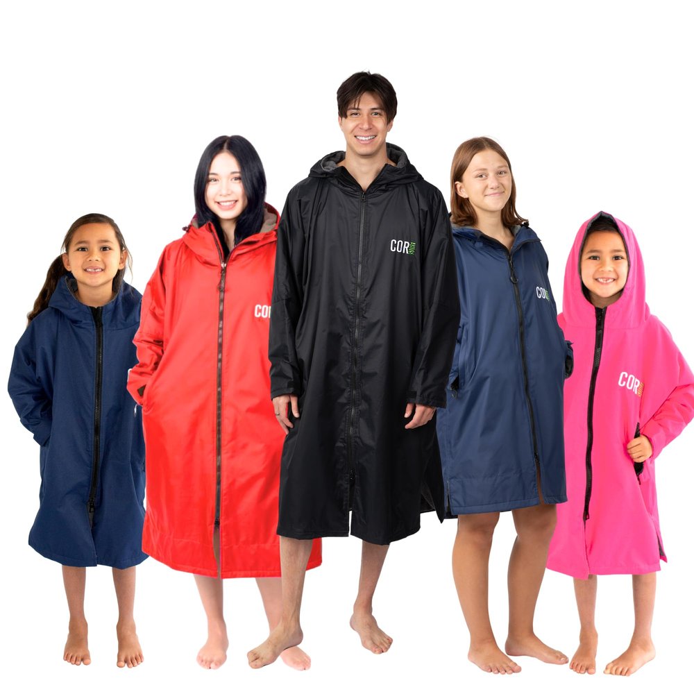COR Surf Swim Parka for Youth and Adults | Heavy-Duty Towel-Lined Weatherproof Swimming Jacket for Men, Women, and Kids (Black Large)
