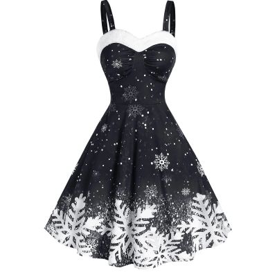 tuduoms Plus Size Women's Christmas Swing Dress 1950s Vintage Ruffle Snowflake Reindeer Print Midi Dress Furry Party Outfits Black