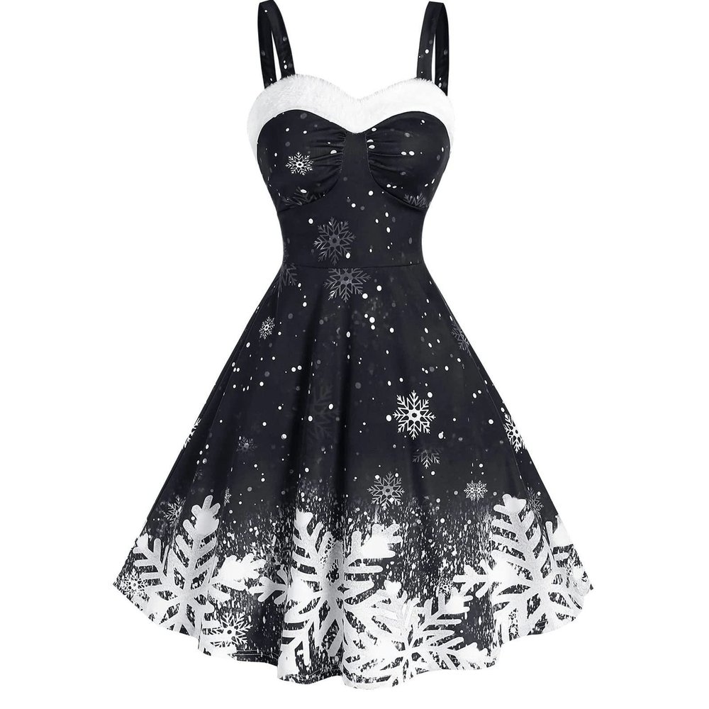 tuduoms Plus Size Women's Christmas Swing Dress 1950s Vintage Ruffle Snowflake Reindeer Print Midi Dress Furry Party Outfits Black