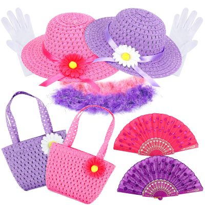 10 Pcs Girls Tea Party Set Includes Tea Party Hats Bonnets Fan Gloves Small Pink Purse Feather Boas Dress up Sets for Little Girls Kids Children Birthdays Easter Party Supplies Accessories