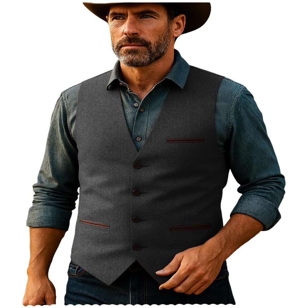 HSLS Mens Herringbone Wool Vests Tweed Suit Waistcoats Vintage Retro Slim Fit(X-Large, Grey)