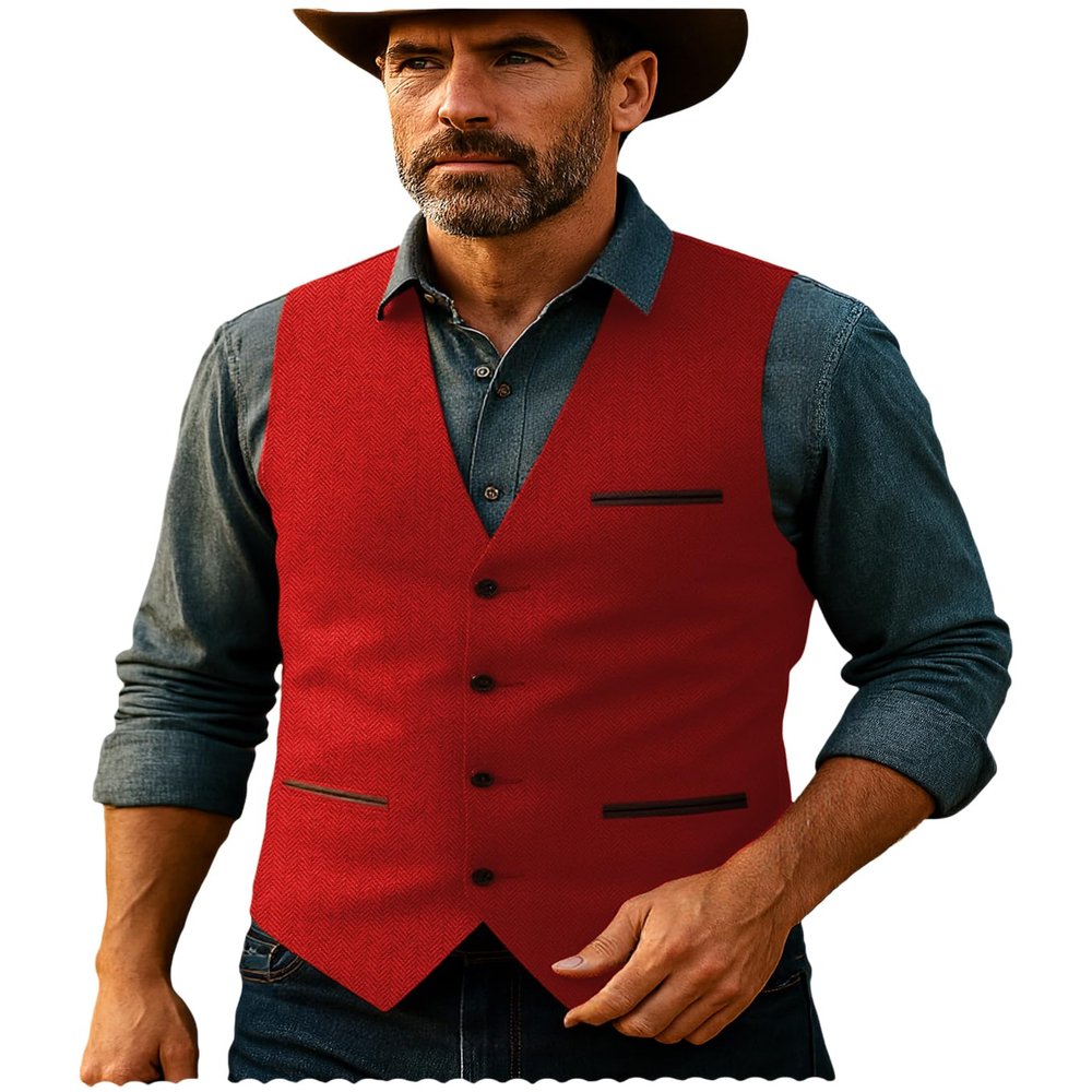 HSLS Mens Herringbone Wool Vests Tweed Suit Waistcoats Vintage Retro Slim Fit(XX-Large, Red)