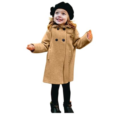 POLG Little Girl Long Peacoat Dress Coat Button Trench Coat Winter Warm Jacket with Pocket Kids Casual Overcoat Outerwear 1-6Y (Khaki, 5-6 Years)