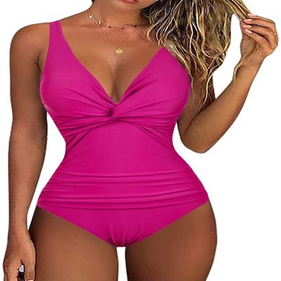 Hilor Women's One Piece Swimsuits Plunging V Neck Swimwear Tummy Control Bathing Suits Monokinis Hot Pink 14
