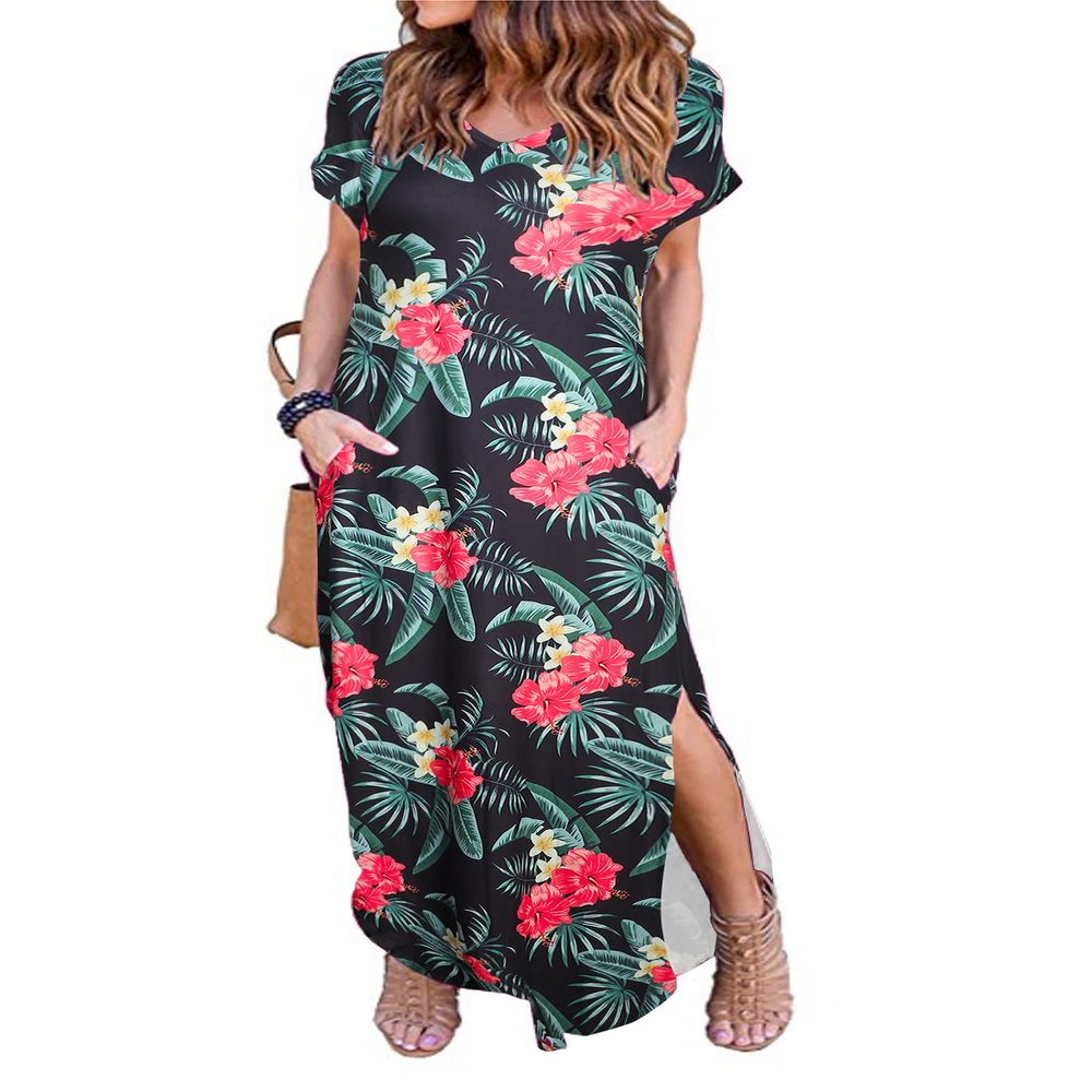 Arolina Women Summer Maxi Dress Short Sleeve V Neck Casual Loose Long Split Dresses Beach Vacation Sundress with Pockets