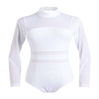 Daydance White Women Ballet Leotards, Long Sleeve Dance Attire Inserted Mesh