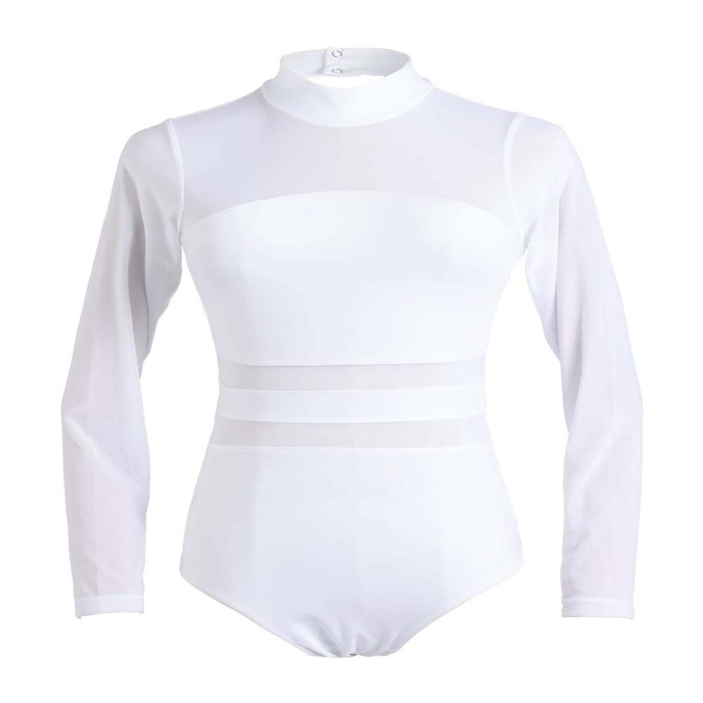 Daydance White Women Ballet Leotards, Long Sleeve Dance Attire Inserted Mesh
