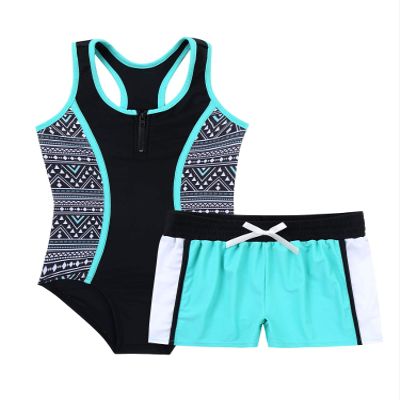 Daenrui Kids Girls 2Pcs Tankini Swimsuit Sleeveless Floral Print One-Piece Swimwear with Bottoms Bathing Suit Mint Green 14 Years