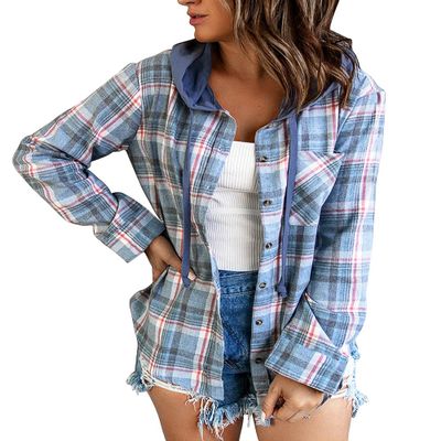 Knemksplanet Women Plaid Hooded Shirt Drawstring Flannel Sweatshirt Hoodie Jacket Casual Button Down Blouse Tops with Pocket Blue