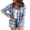 Knemksplanet Women Plaid Hooded Shirt Drawstring Flannel Sweatshirt Hoodie Jacket Casual Button Down Blouse Tops with Pocket Blue view 1