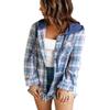 Knemksplanet Women Plaid Hooded Shirt Drawstring Flannel Sweatshirt Hoodie Jacket Casual Button Down Blouse Tops with Pocket Blue view 2