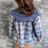 Knemksplanet Women Plaid Hooded Shirt Drawstring Flannel Sweatshirt Hoodie Jacket Casual Button Down Blouse Tops with Pocket Blue view 3