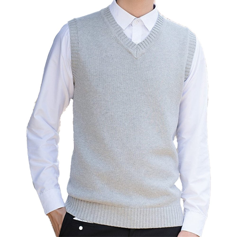 Kaxiya2021 Men's Knitted Vest Fashion Urban V-Neck Pullover Sleeveless Vest Casual All-Match Business Solid Color Ribbed Sweater (Light Grey,3X-Large)
