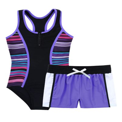 Daenrui Kids Girls 2Pcs Tankini Swimsuit Sleeveless Floral Print One-Piece Swimwear with Bottoms Bathing Suit Purple 14 Years