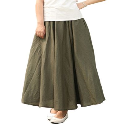 AOTRIO Women Cotton/Linen Skirt Long Maxi Dresses Elastic Waist Retro Vogue Casual Bottom with Pockets Army Green