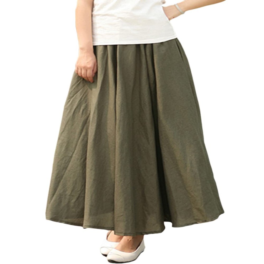 AOTRIO Women Cotton/Linen Skirt Long Maxi Dresses Elastic Waist Retro Vogue Casual Bottom with Pockets Army Green