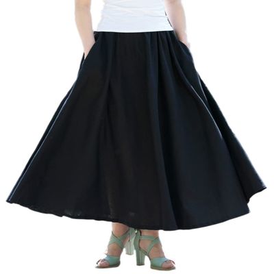 AOTRIO Women Cotton/Linen Skirt Summer Quality Elastic Waist Long Maxi Retro Vogue Casual Bottom with Pockets Black