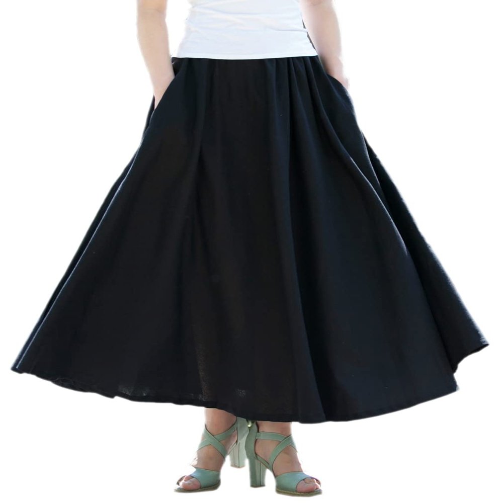 AOTRIO Women Cotton/Linen Skirt Summer Quality Elastic Waist Long Maxi Retro Vogue Casual Bottom with Pockets Black