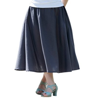 AOTRIO Women Cotton/Linen Skirt Long Maxi Dresses Elastic Waist Retro Vogue Casual Bottom with Pockets Navy Blue