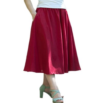 AOTRIO Women Cotton/Linen Skirt Long Maxi Dresses Elastic Waist Retro Vogue Casual Bottom with Pockets Burgundy