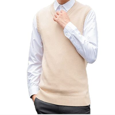 Men's Knitted Vest Fashion Urban V-Neck Pullover Sleeveless Vest Casual All-Match Business Solid Color Ribbed Sweater (Apricot,Large)