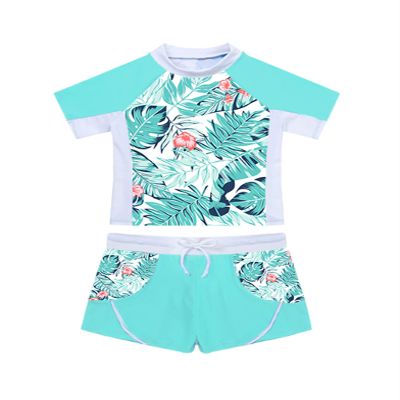 Daenrui Kids Girls Athletic Tankini Swimsuit Floral Short Sleeve Swim Shirt with Shorts Rash Guard Swimwear Tropical Leaves 6 Years