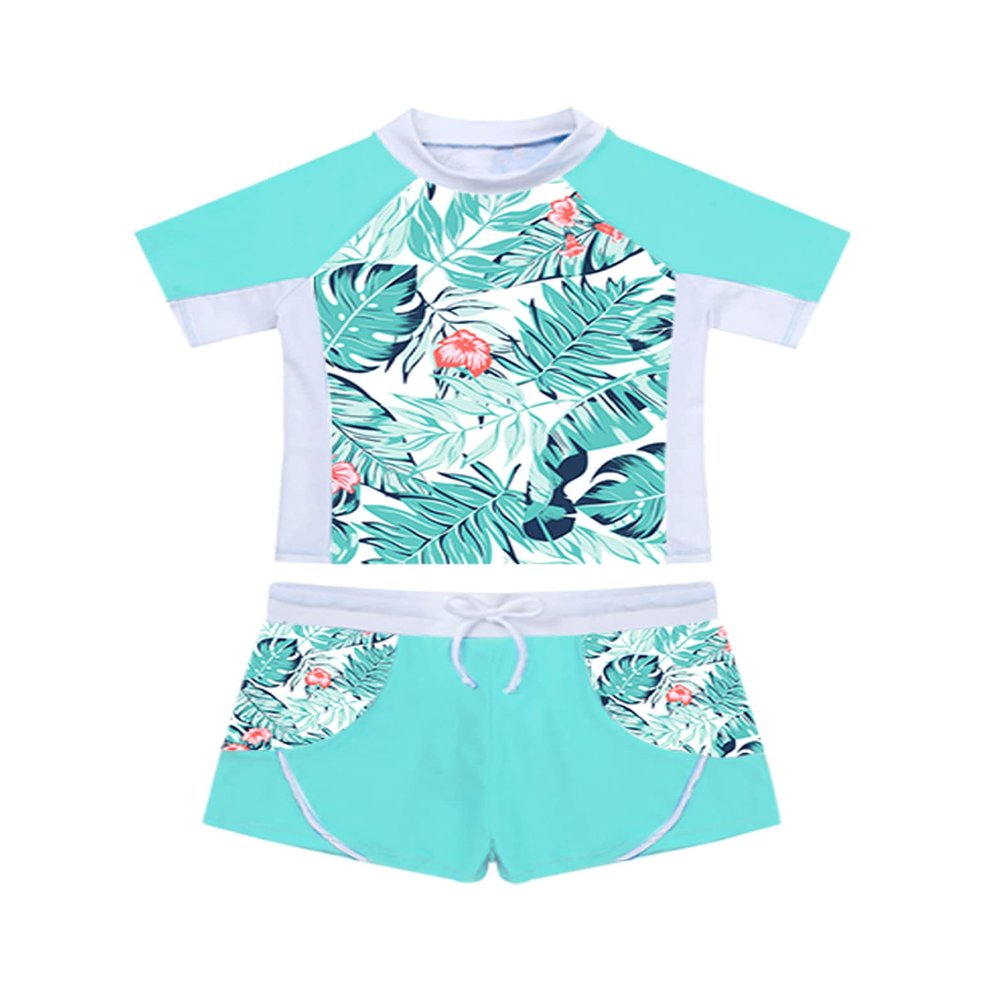 Daenrui Kids Girls Athletic Tankini Swimsuit Floral Short Sleeve Swim Shirt with Shorts Rash Guard Swimwear Tropical Leaves 6 Years