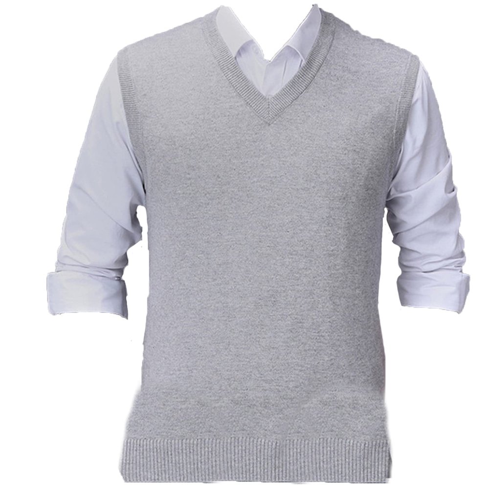 Men's Solid Color V-Neck Vest Fashion Temperament Sleeveless Sweater Business Dating Simple and Versatile Rib Knit Top (Light Grey,Large)