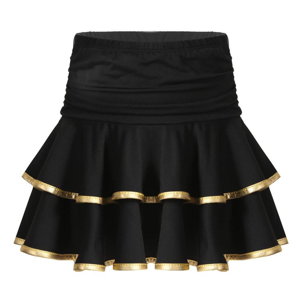 easyforever Kids Girls Knee Length Summer Skater Skirt Elastic Waist Pleated A-line Skirt School Uniform B Gold&Black 14-16 Years