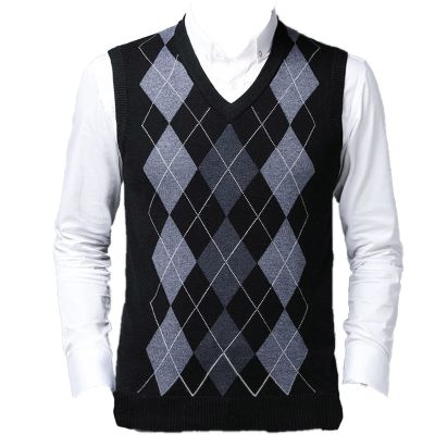 Kaxiya2021 Men's Knitted Vest V-Neck Pullover Color Matching Pattern Diamond Vest Casual Old Street Sleeveless Ribbed Sweater (Black,Medium)