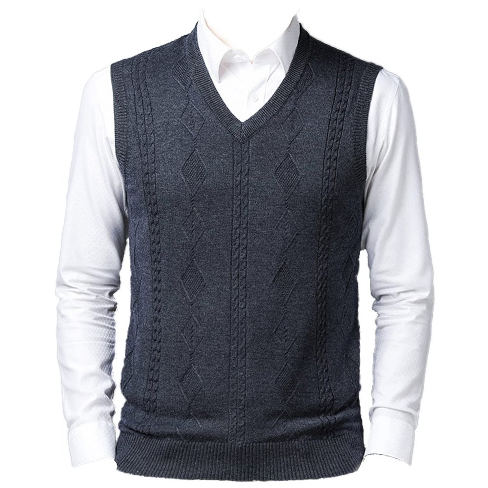 Kaxiya2021 Men's Pullover V-Neck Knitted Top Casual Solid Color Jacquard Sleeveless Sweater Loose Old Street Slim-Fit Rib Top (Dark Gray,Medium)