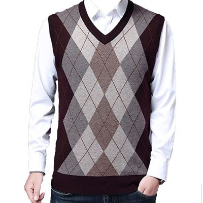 Kaxiya2021 Men's Knitted Vest Casual Loose Sleeveless Pullover V-Neck Contrast Checkered Banquet Business Dating Sweater (Red Wine,Medium)