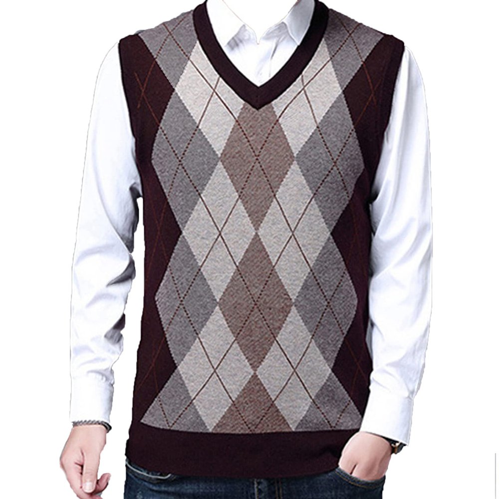 Kaxiya2021 Men's Knitted Vest Casual Loose Sleeveless Pullover V-Neck Contrast Checkered Banquet Business Dating Sweater (Red Wine,Medium)