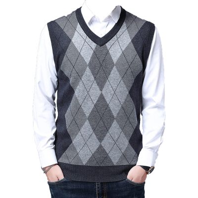 Kaxiya2021 Men's Knitted Vest Casual Loose Sleeveless Pullover V-Neck Contrast Checkered Banquet Business Dating Sweater (Medium Gray,XX-Large)