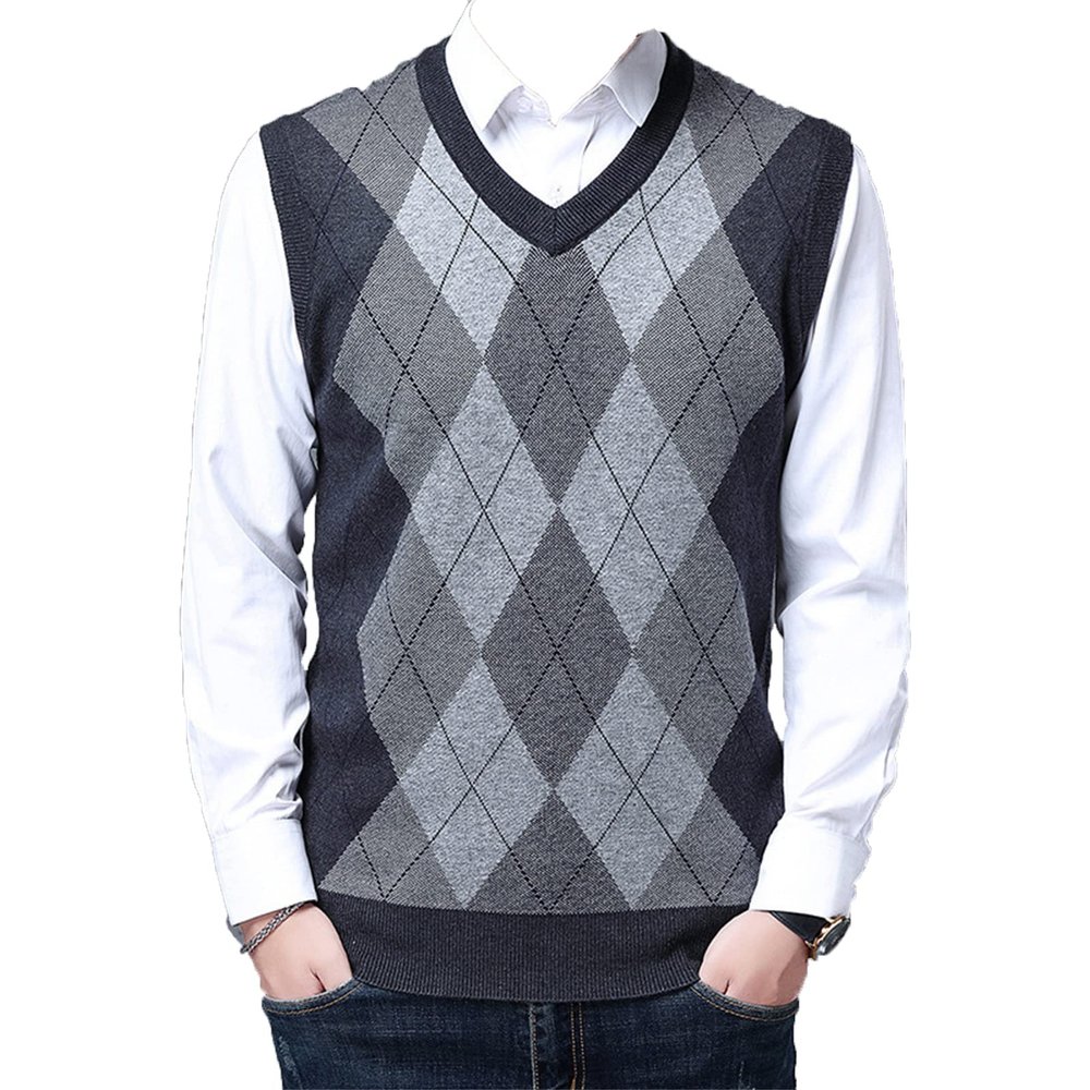 Kaxiya2021 Men's Knitted Vest Casual Loose Sleeveless Pullover V-Neck Contrast Checkered Banquet Business Dating Sweater (Medium Gray,XX-Large)