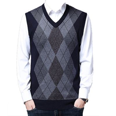 Kaxiya2021 Men's Knitted Vest Casual Loose Sleeveless Pullover V-Neck Contrast Checkered Banquet Business Dating Sweater (Cyan,3X-Large)