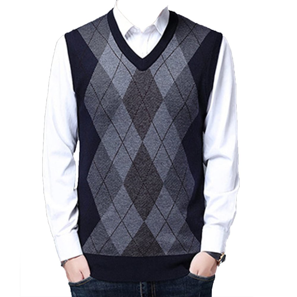 Kaxiya2021 Men's Knitted Vest Casual Loose Sleeveless Pullover V-Neck Contrast Checkered Banquet Business Dating Sweater (Cyan,3X-Large)