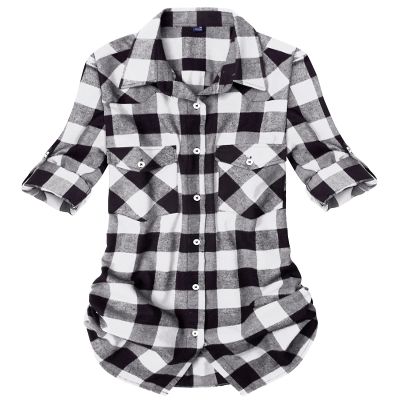 Alimens & Gentle Flannel Shirt Women Plaid Shirt Long Sleeve Buffalo Shackets Loose Business Casual Button Down Blouses Tops White
