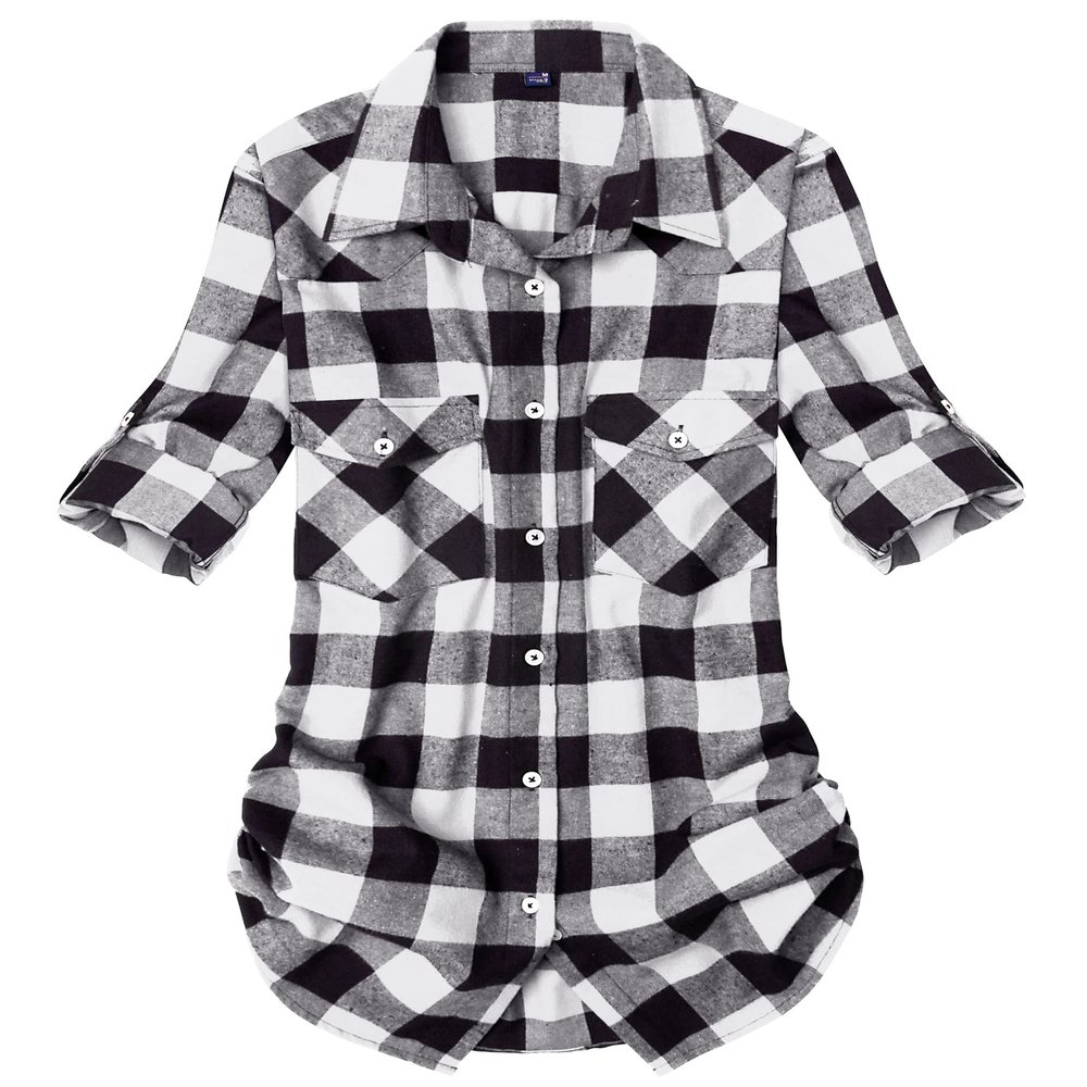 Alimens & Gentle Flannel Shirt Women Plaid Shirt Long Sleeve Buffalo Shackets Loose Business Casual Button Down Blouses Tops White