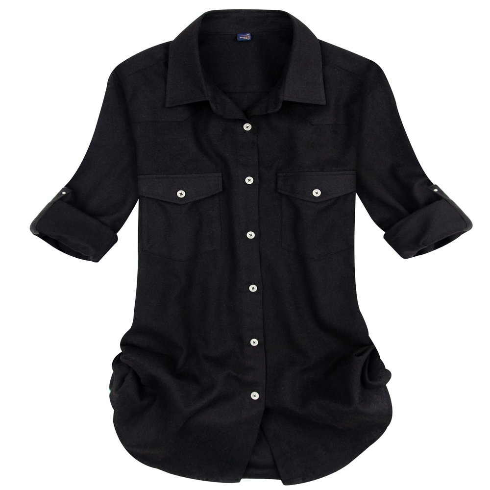 Alimens & Gentle Flannel Shirt Women Plaid Shackets Casual Soft Long Sleeve Button Down Shirt Business Casual Blouses Tops Black