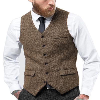 HSLS Mens Herringbone Suits Vests Wool Business Tweed Waistcoats Groomsman V-Neck Slim Fit(Large, Brown)