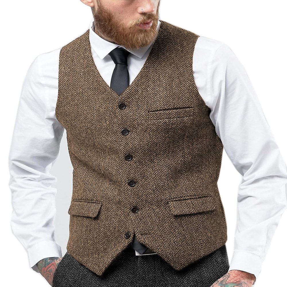 HSLS Mens Herringbone Suits Vests Wool Business Tweed Waistcoats Groomsman V-Neck Slim Fit(Large, Brown)