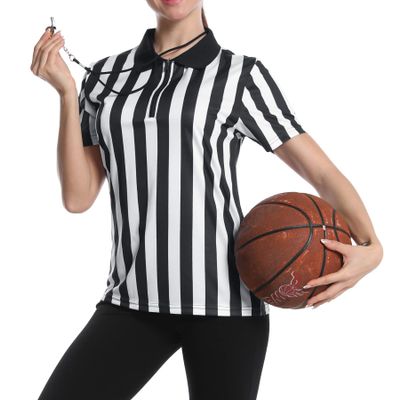Women's Official Referee Shirt Black & White Stripe Ref Umpire Jersey Short Sleeve for Basketball Football Hockey Zip Front XL