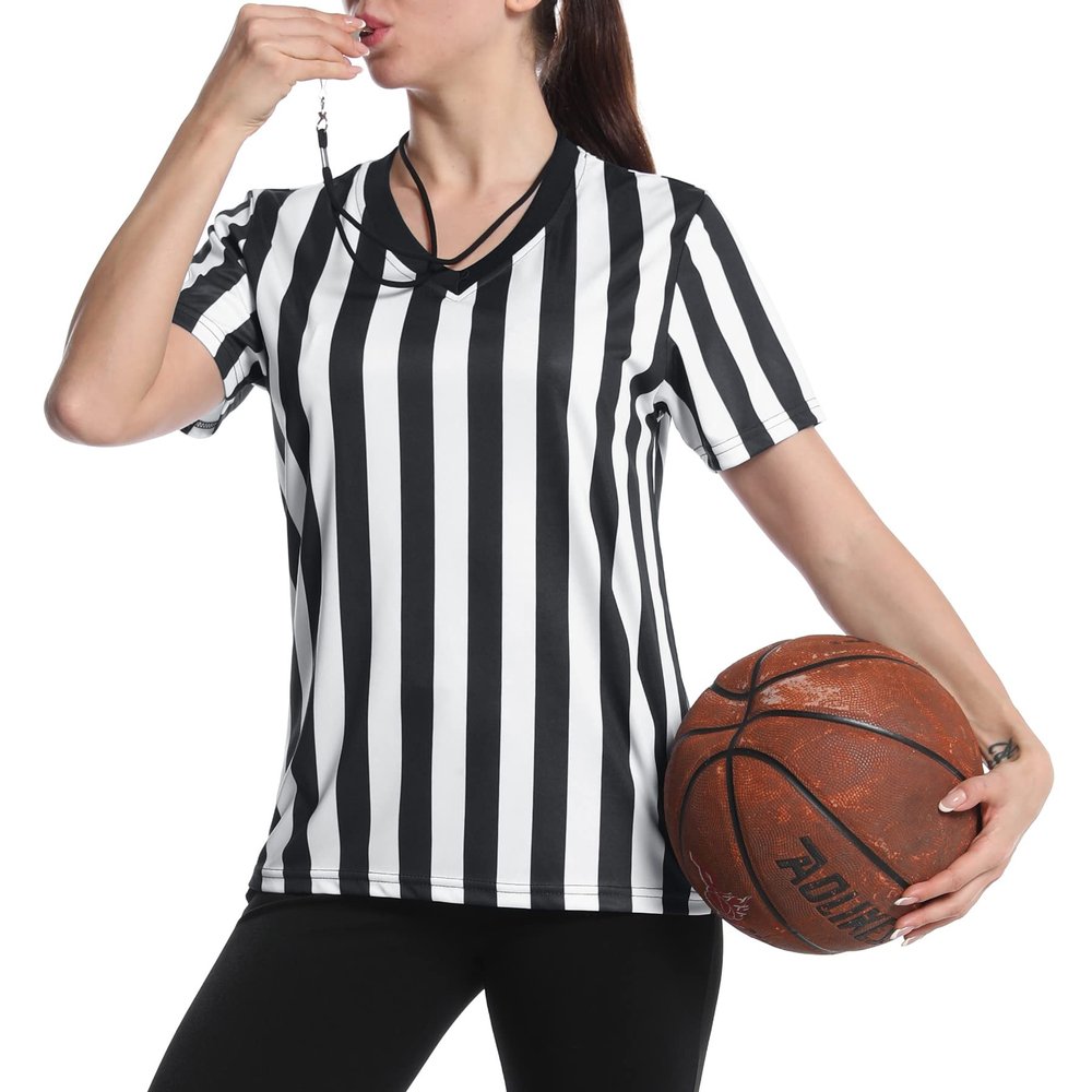 Women's Official Referee Shirt Black & White Stripe Ref Umpire Jersey Short Sleeve for Basketball Football Hockey V-Neck S
