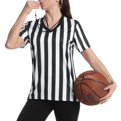 Women's Official Referee Shirt Black & White Stripe Ref Umpire Jersey Short Sleeve for Basketball Football Hockey V-Neck L