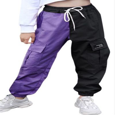 SANGTREE Women's Cargo Pants Elastic Waist Drawstring Tapered Jogger Pants with Pockets for Women,Colorblock-Purple Black,L
