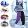 SANGTREE Women's Cargo Pants Elastic Waist Drawstring Tapered Jogger Pants with Pockets for Women,Colorblock-Purple Black,L view 4