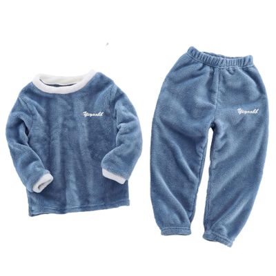 FEESHOW Girls Boys Soft Warm Fleece Pajamas Set Kids Autumn Long Sleeve Sleepwear Loungewwear Blue 7-8 Years