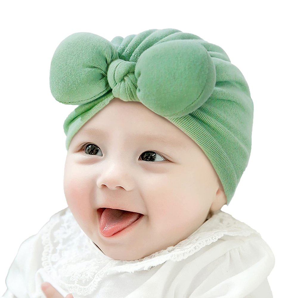 Yartina Newborn Baby Bowknot Beanie Turban Hat Nursery Hospital Warm Knit Cap India Muslim Headwrap Green 0-3 Months